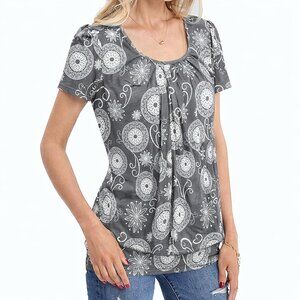 DJT FASHION (M) Gray White Paisley Floral Print Pleated Tee Scoop Blouson Top